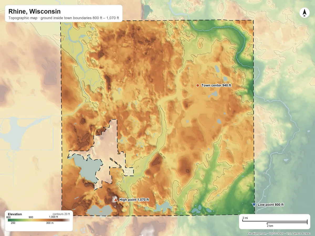 Topographic elevation map of Rhine, Wisconsin, shaded from 800 ft on the southeast side to 1,070 ft on the southwest side