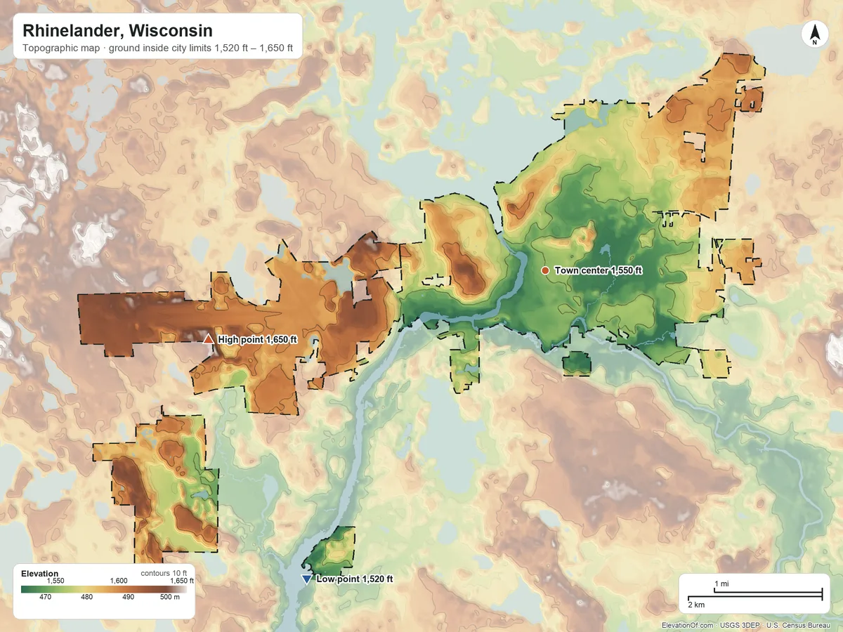 Topographic elevation map of Rhinelander, Wisconsin, shaded from 1,520 ft on the southwest side to 1,650 ft on the west side