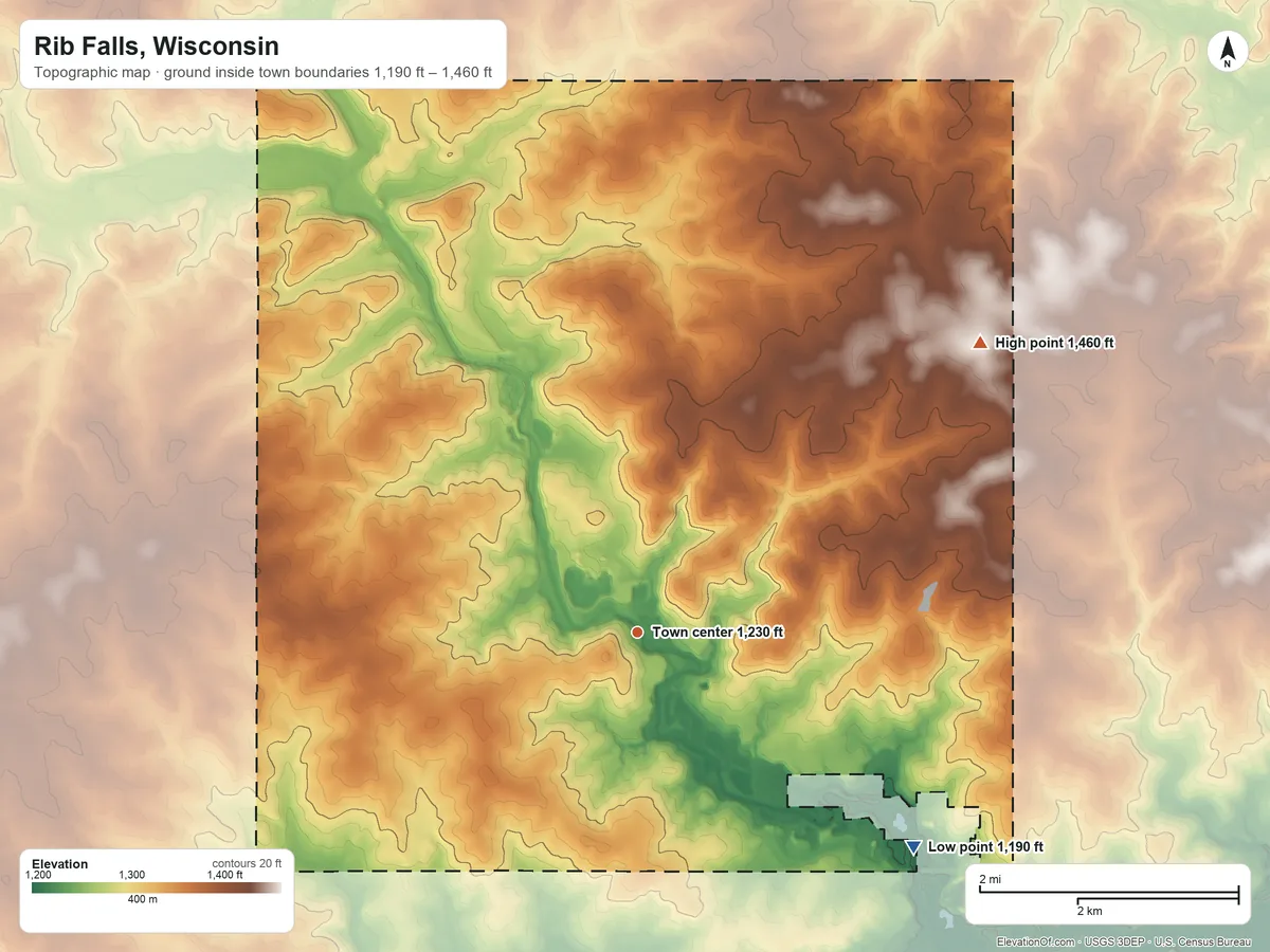 Topographic elevation map of Rib Falls, Wisconsin, shaded from 1,190 ft on the southeast side to 1,460 ft on the northeast side
