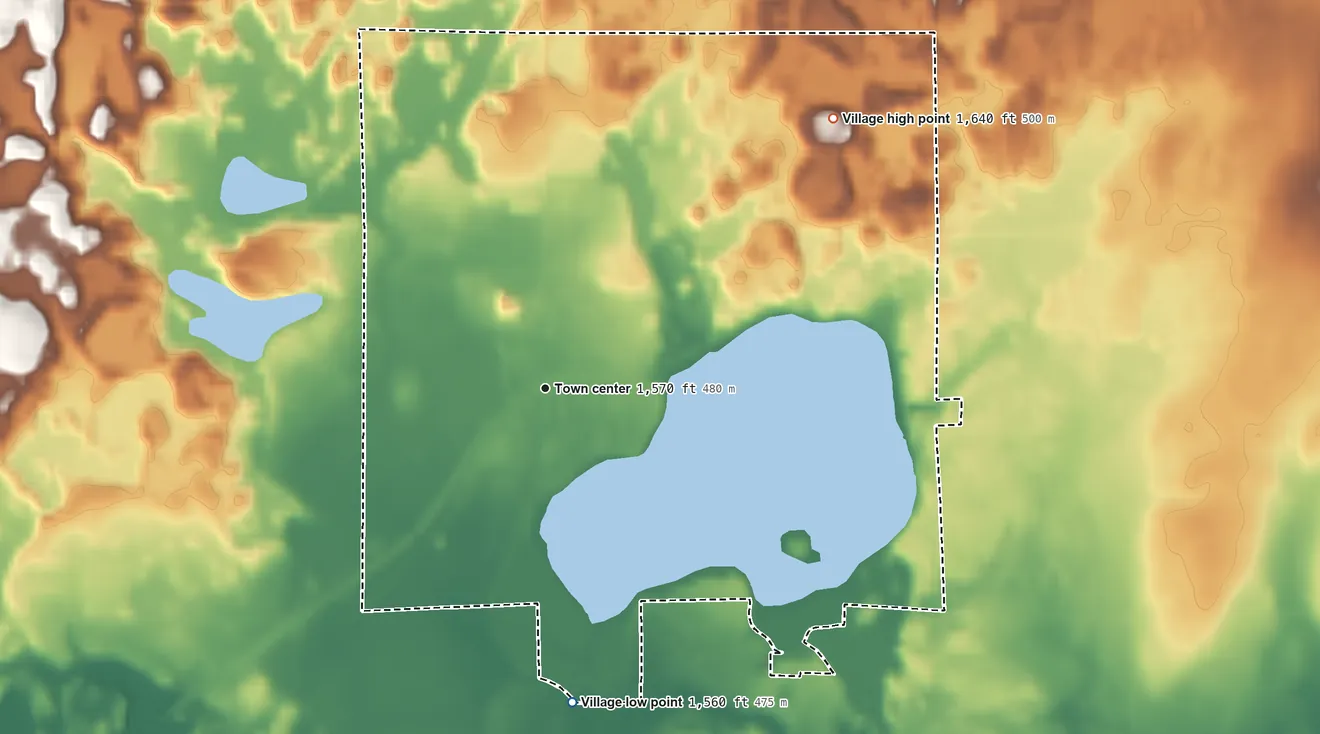 Topographic elevation map of Rib Lake, Wisconsin, shaded from 1,560 ft on the south side to 1,640 ft on the northeast side