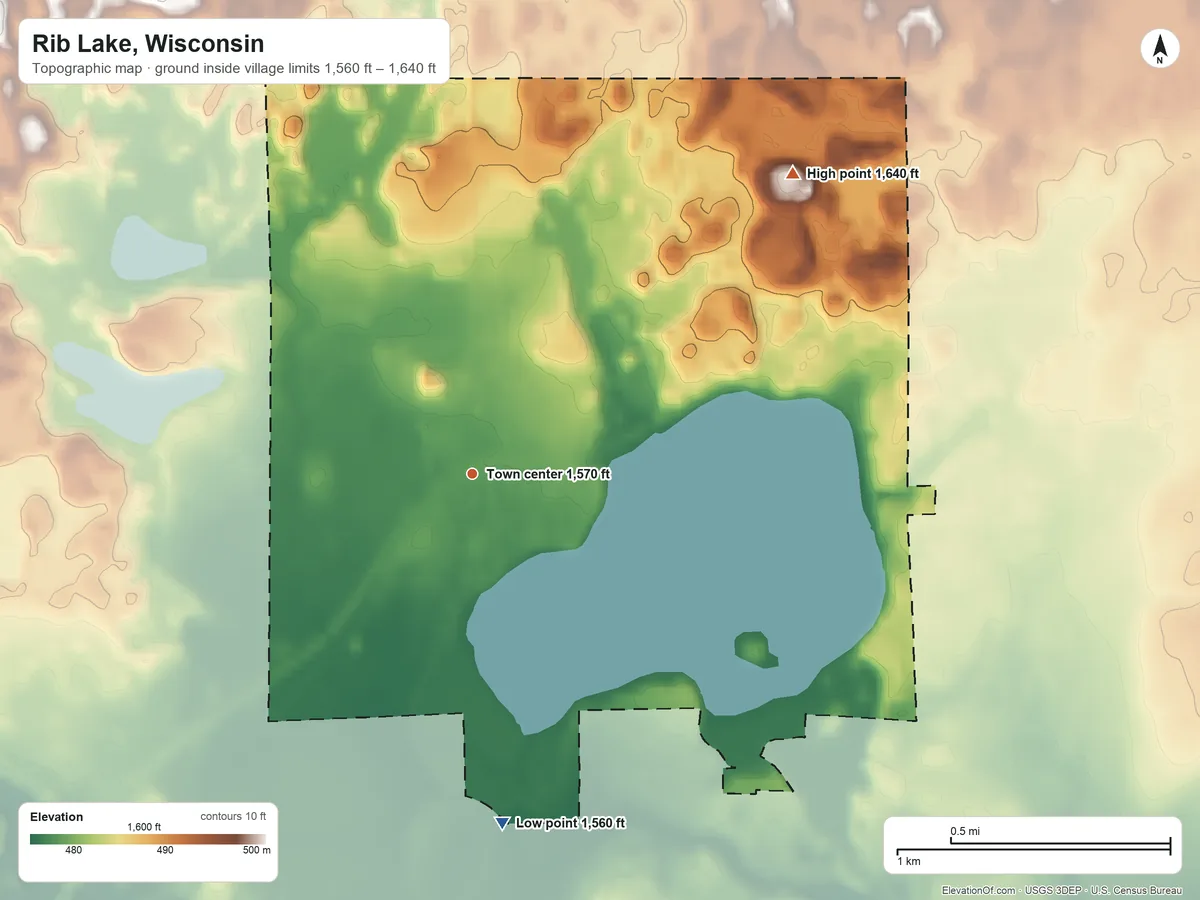 Topographic elevation map of Rib Lake, Wisconsin, shaded from 1,560 ft on the south side to 1,640 ft on the northeast side