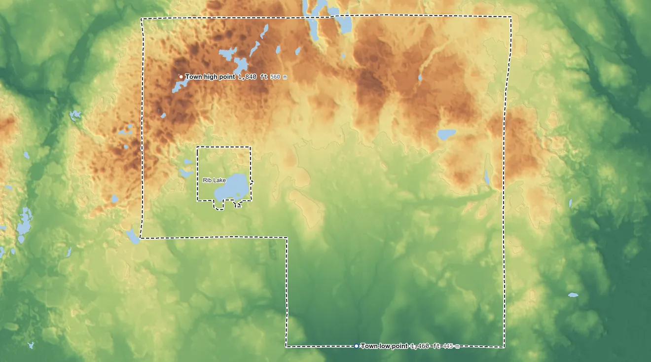 Topographic elevation map of Town of Rib Lake, Wisconsin, shaded from 1,460 ft on the south side to 1,840 ft on the northwest side