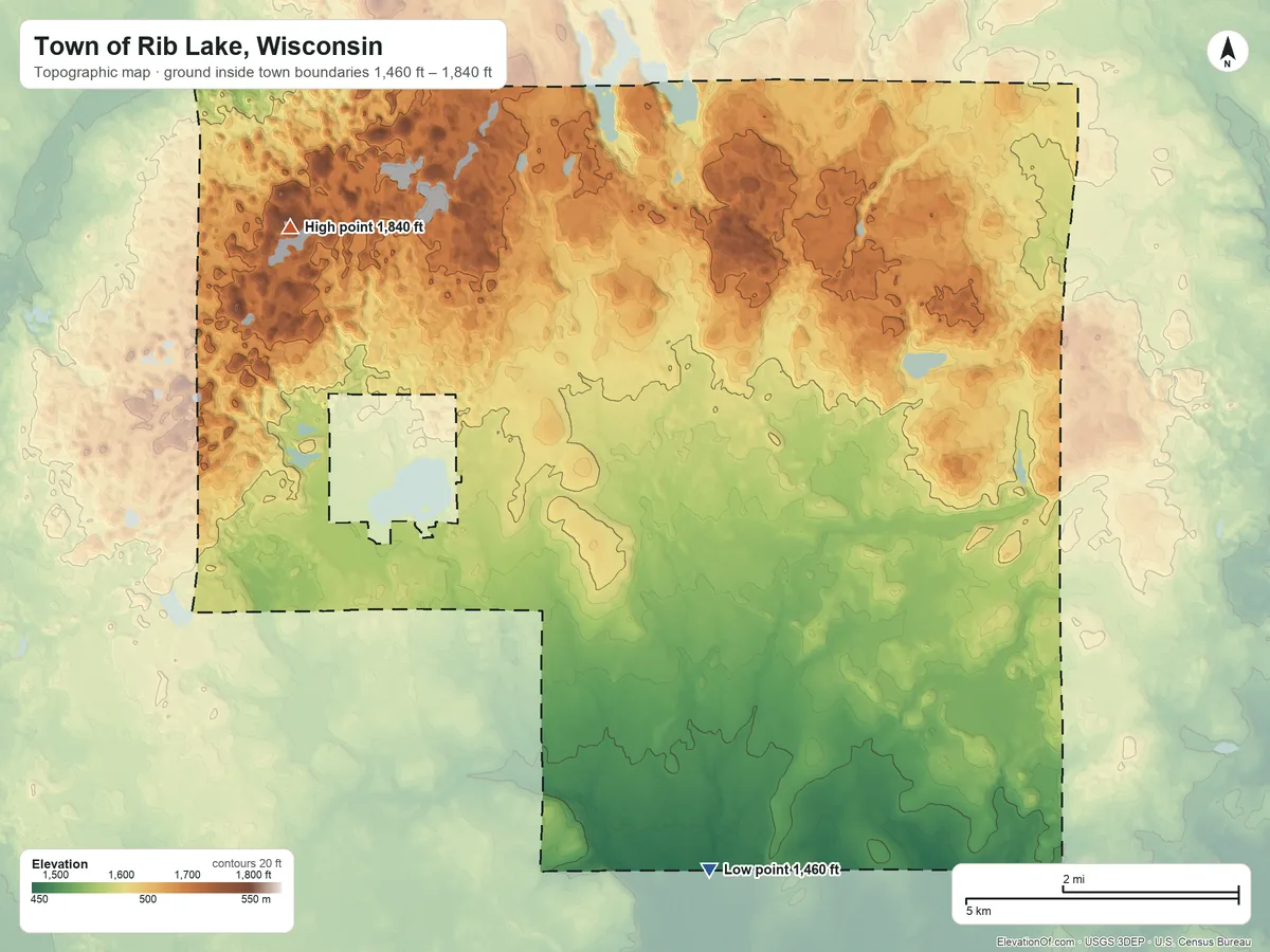 Topographic elevation map of Town of Rib Lake, Wisconsin, shaded from 1,460 ft on the south side to 1,840 ft on the northwest side