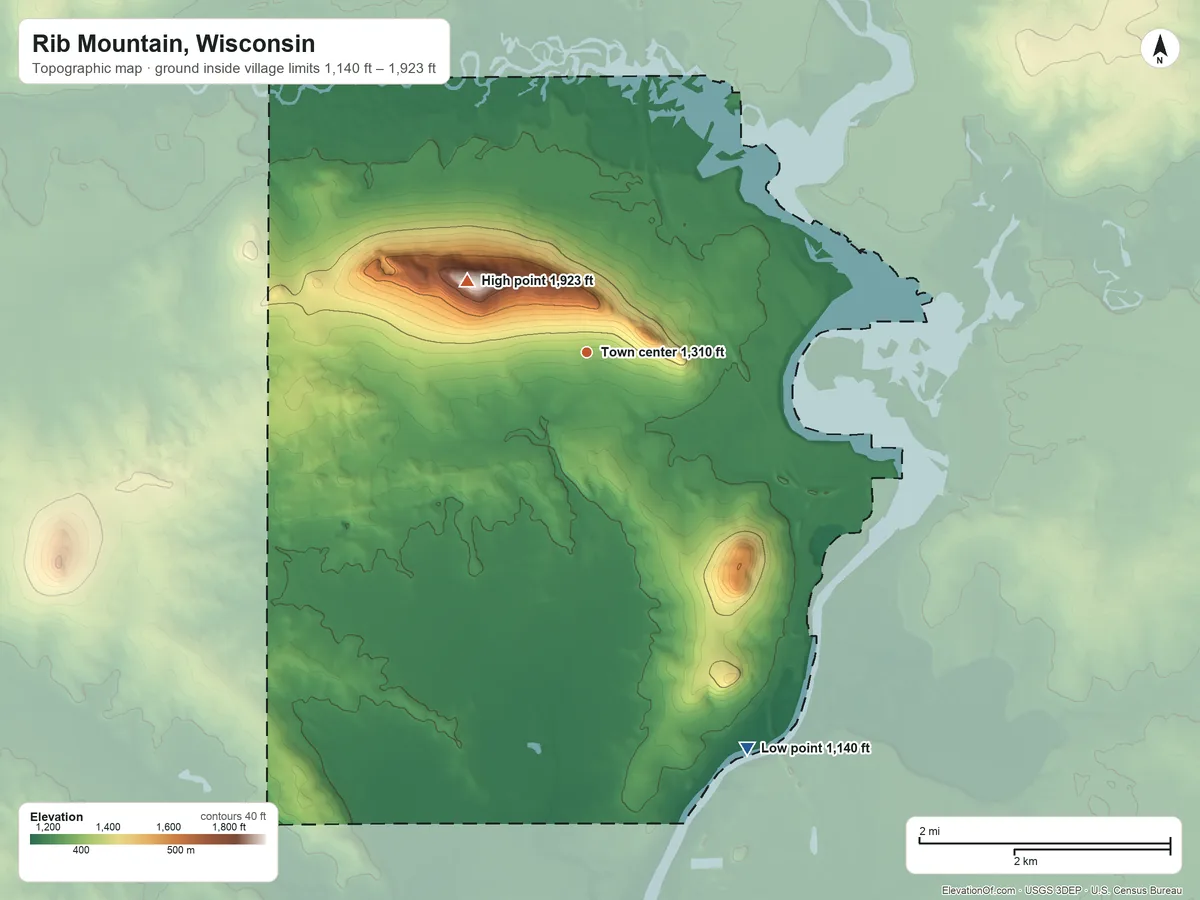 Topographic elevation map of Rib Mountain, Wisconsin, shaded from 1,140 ft on the south side to 1,923 ft on Rib Mountain