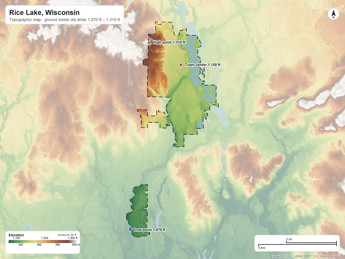 Topographic elevation map of Rice Lake, Wisconsin, shaded from 1,070 ft on the south side to 1,310 ft on the northwest side
