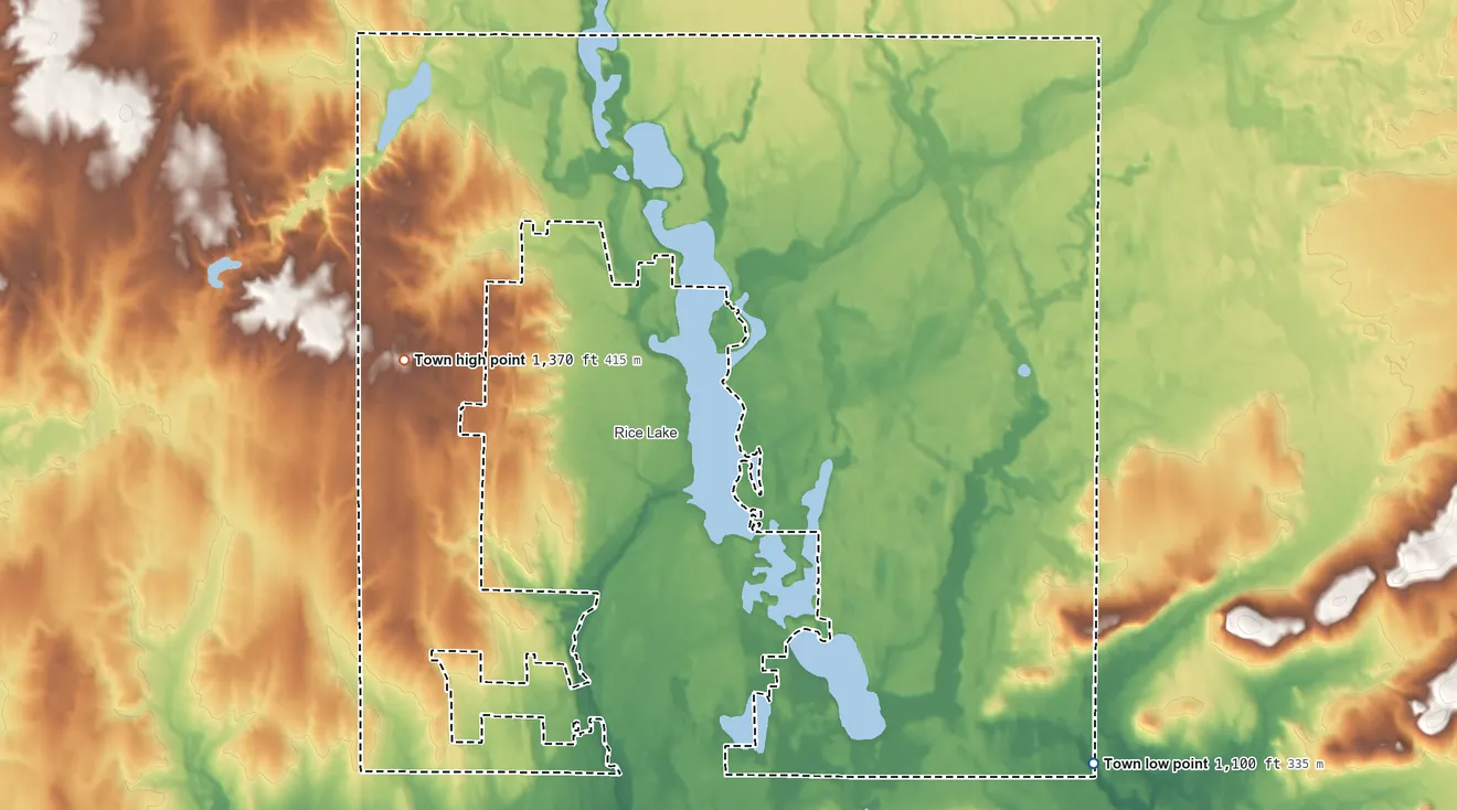 Topographic elevation map of Town of Rice Lake, Wisconsin, shaded from 1,100 ft on the southeast side to 1,370 ft on the west side