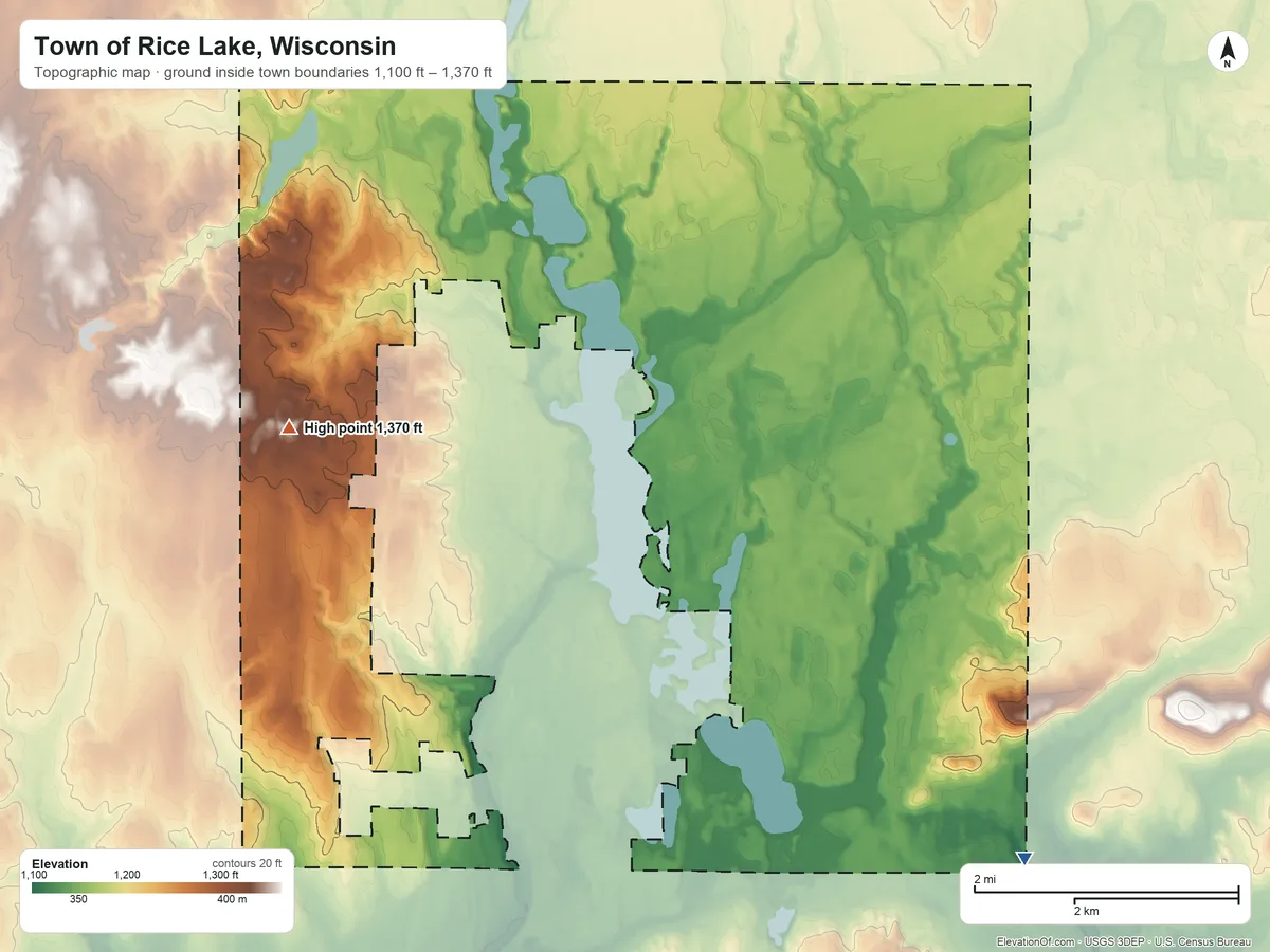 Topographic elevation map of Town of Rice Lake, Wisconsin, shaded from 1,100 ft on the southeast side to 1,370 ft on the west side