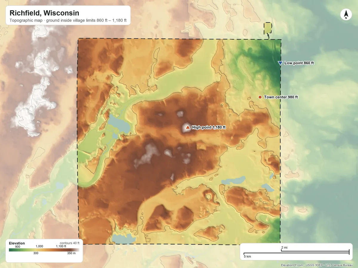 Topographic elevation map of Richfield, Wisconsin, shaded from 860 ft on the northeast side to 1,180 ft on the southwest side
