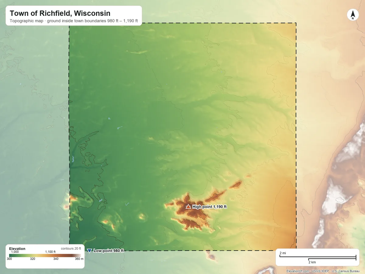 Topographic elevation map of Town of Richfield, Wisconsin, shaded from 980 ft on the southwest side to 1,190 ft on the south side