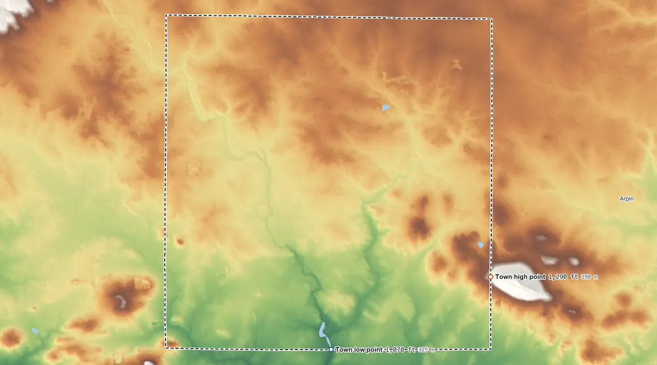 Topographic elevation map of Town of Richfield, Wisconsin, shaded from 1,070 ft on the south side to 1,290 ft on the southeast side