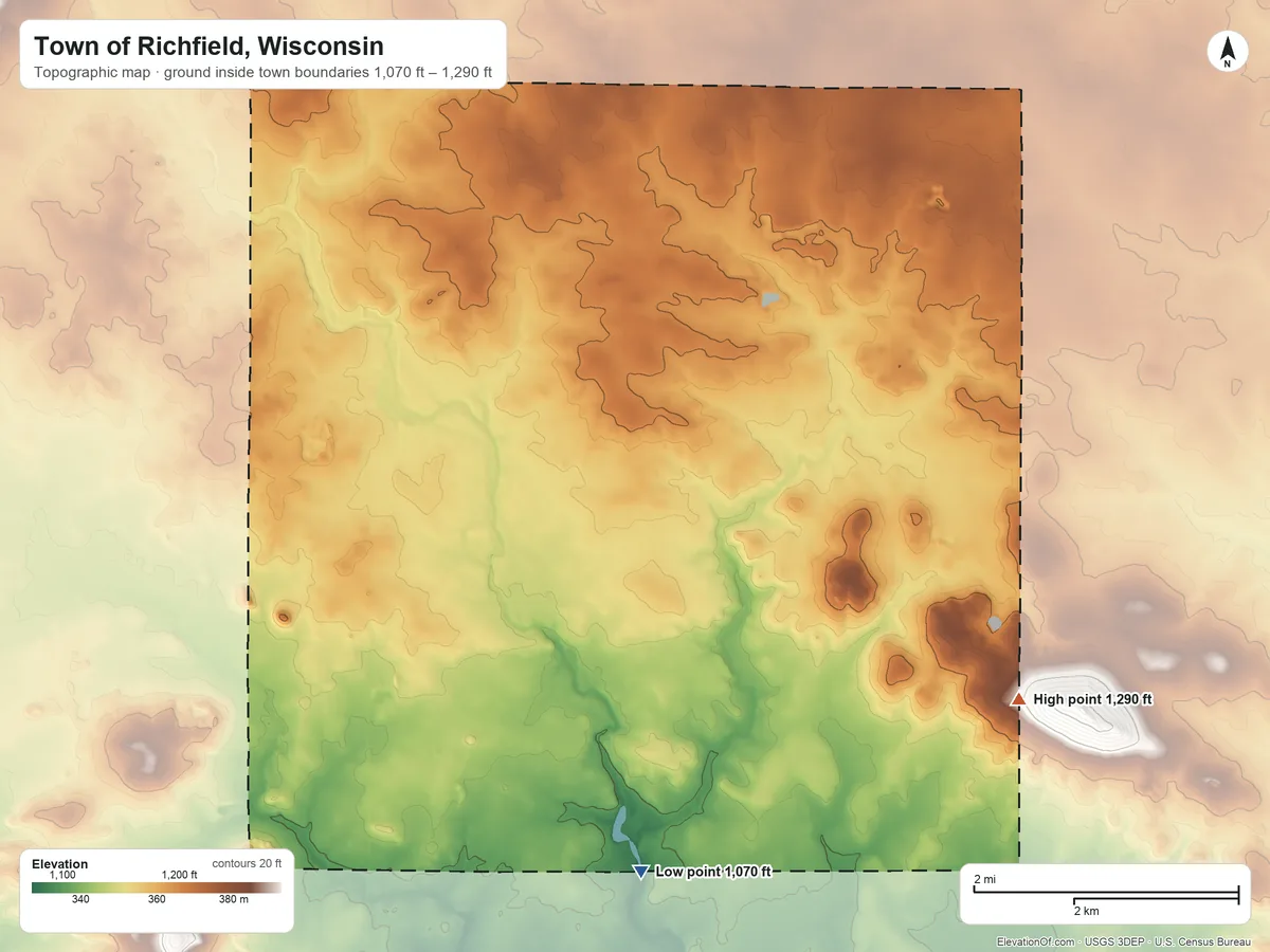 Topographic elevation map of Town of Richfield, Wisconsin, shaded from 1,070 ft on the south side to 1,290 ft on the southeast side