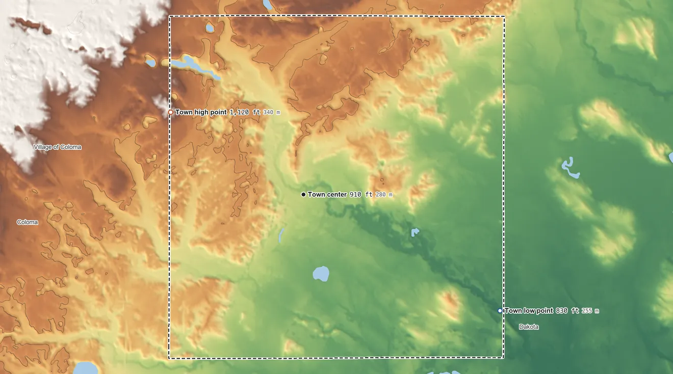 Topographic elevation map of Richford, Wisconsin, shaded from 830 ft on the southeast side to 1,120 ft on the northwest side