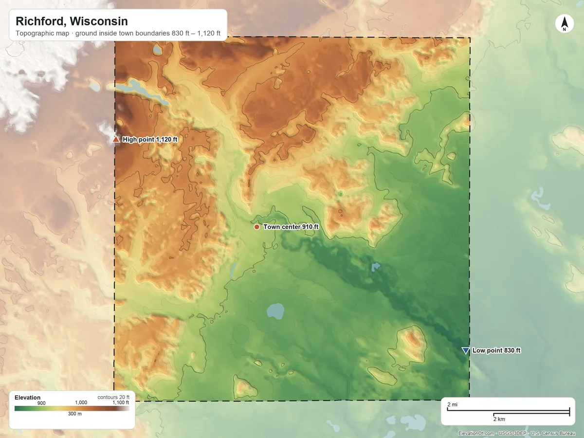 Topographic elevation map of Richford, Wisconsin, shaded from 830 ft on the southeast side to 1,120 ft on the northwest side