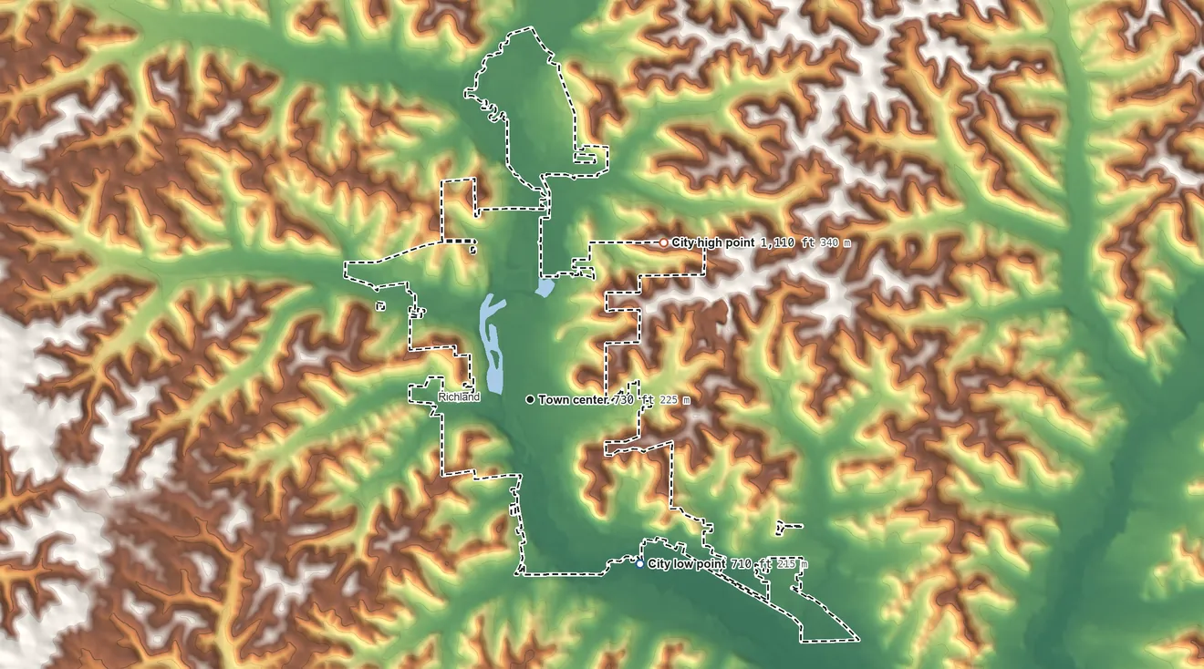 Topographic elevation map of Richland Center, Wisconsin, shaded from 710 ft on the southeast side to 1,110 ft on the northeast side