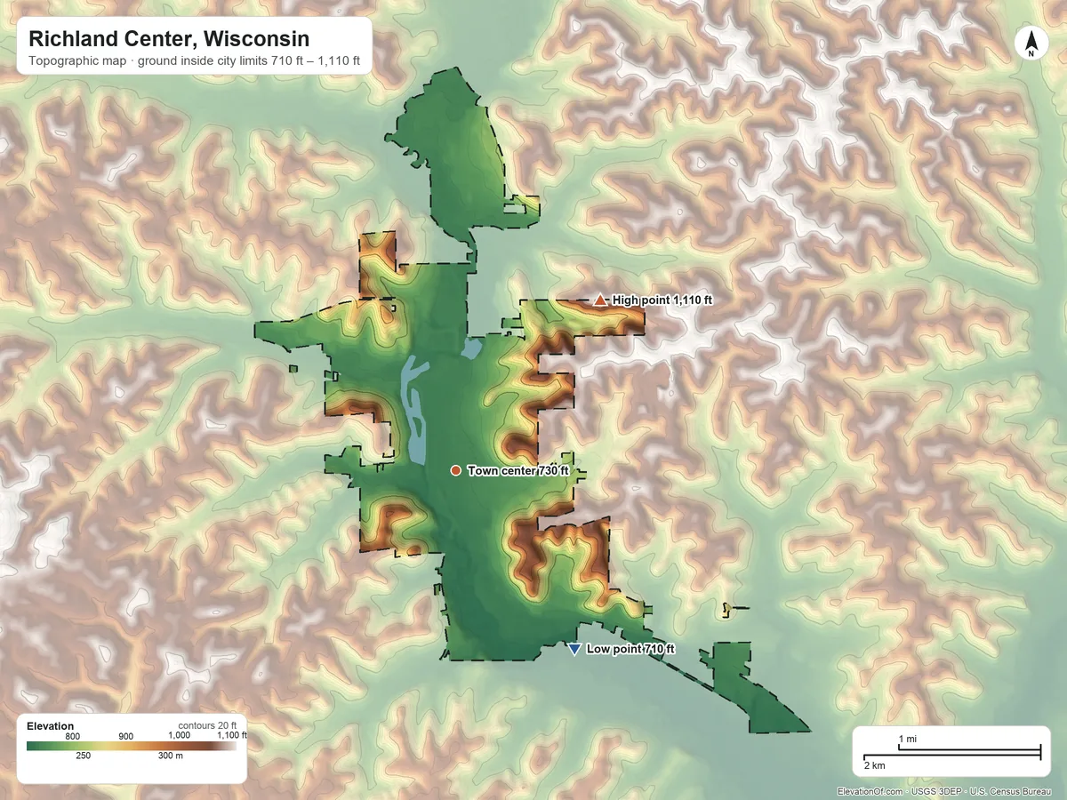 Topographic elevation map of Richland Center, Wisconsin, shaded from 710 ft on the southeast side to 1,110 ft on the northeast side