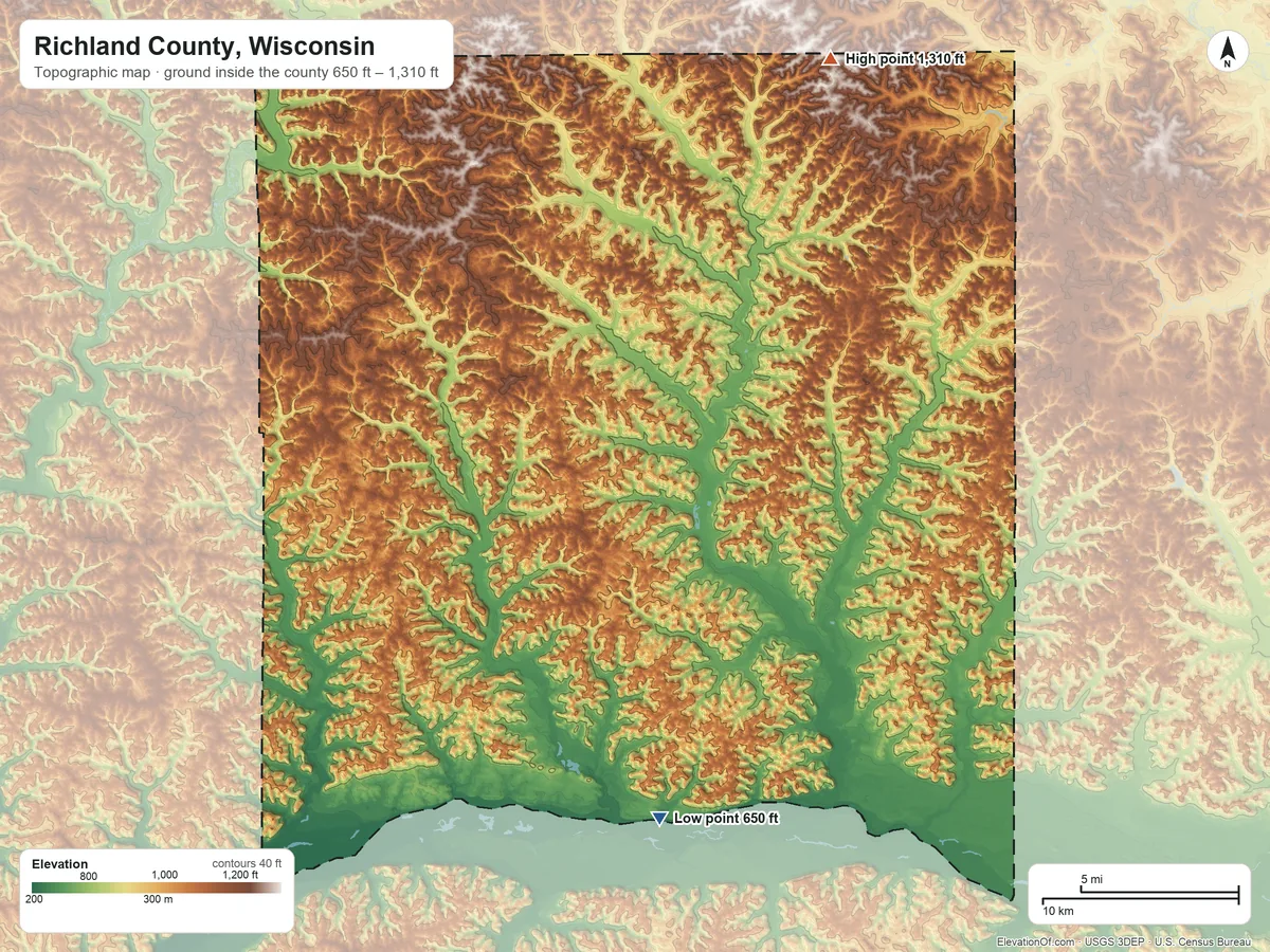 Topographic elevation map of Richland County, Wisconsin, shaded from 650 ft on the south side to 1,310 ft on the northeast side