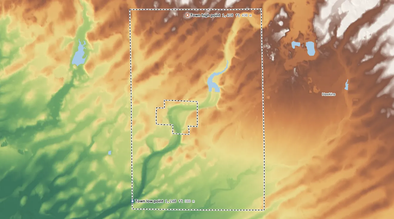 Topographic elevation map of Richland, Rusk County, Wisconsin, shaded from 1,240 ft on the southwest side to 1,410 ft on the north side
