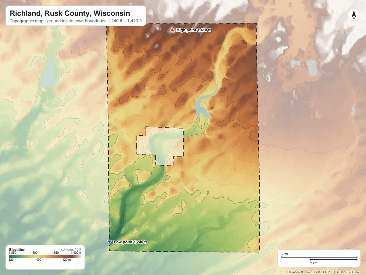 Topographic elevation map of Richland, Rusk County, Wisconsin, shaded from 1,240 ft on the southwest side to 1,410 ft on the north side