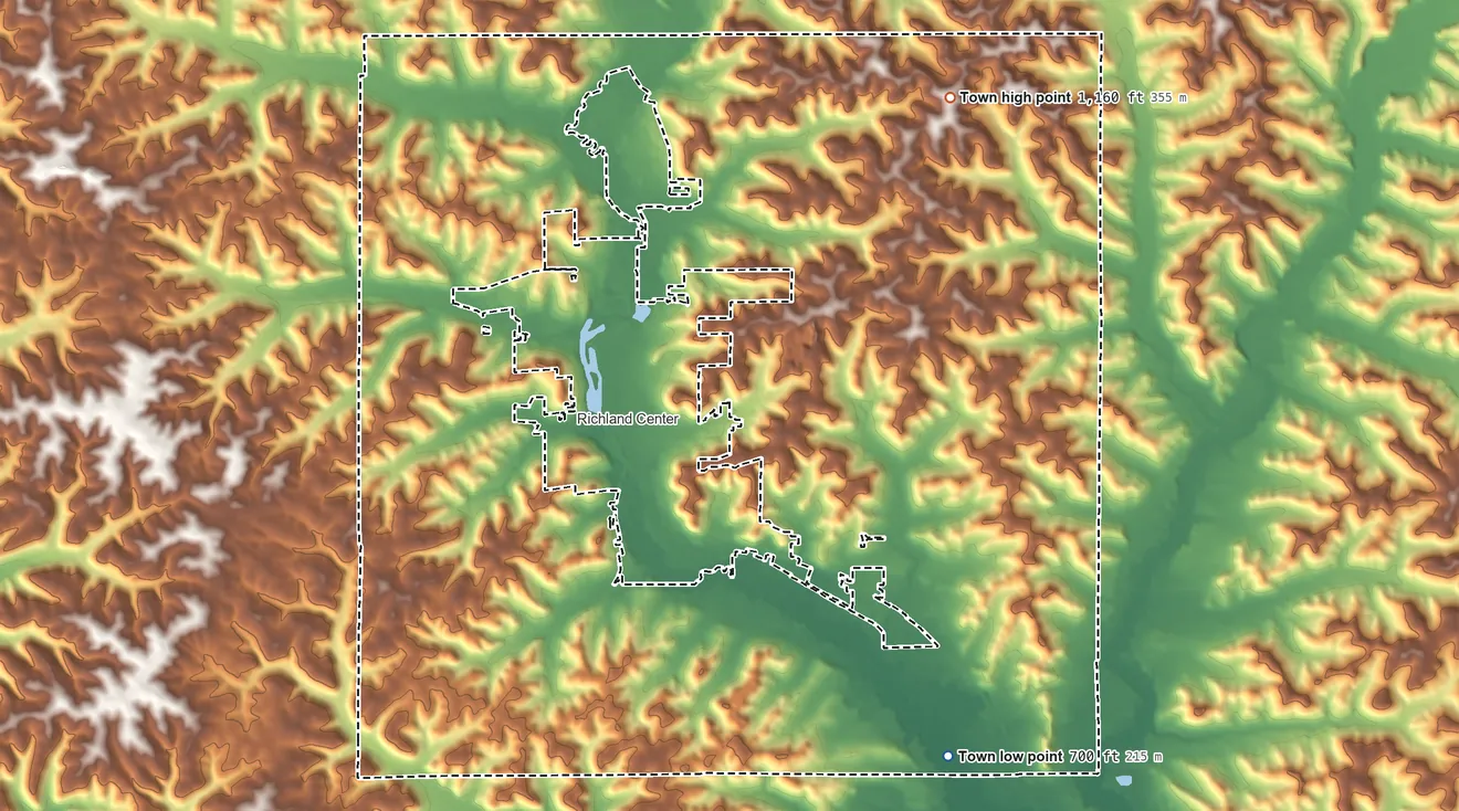 Topographic elevation map of Richland, Wisconsin, shaded from 700 ft on the southeast side to 1,160 ft on the northeast side