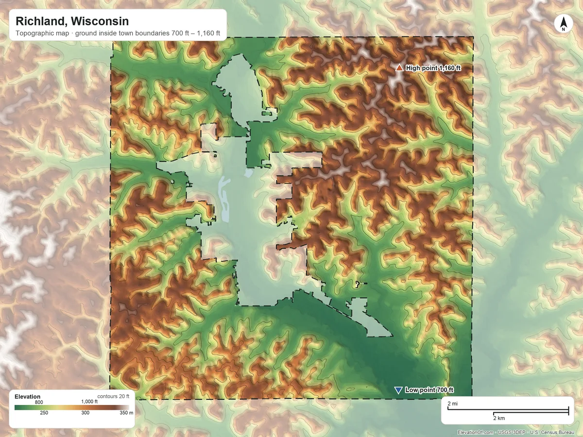 Topographic elevation map of Richland, Wisconsin, shaded from 700 ft on the southeast side to 1,160 ft on the northeast side