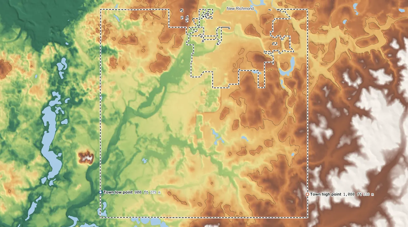 Topographic elevation map of Richmond, Wisconsin, shaded from 900 ft on the southwest side to 1,080 ft on the southeast side
