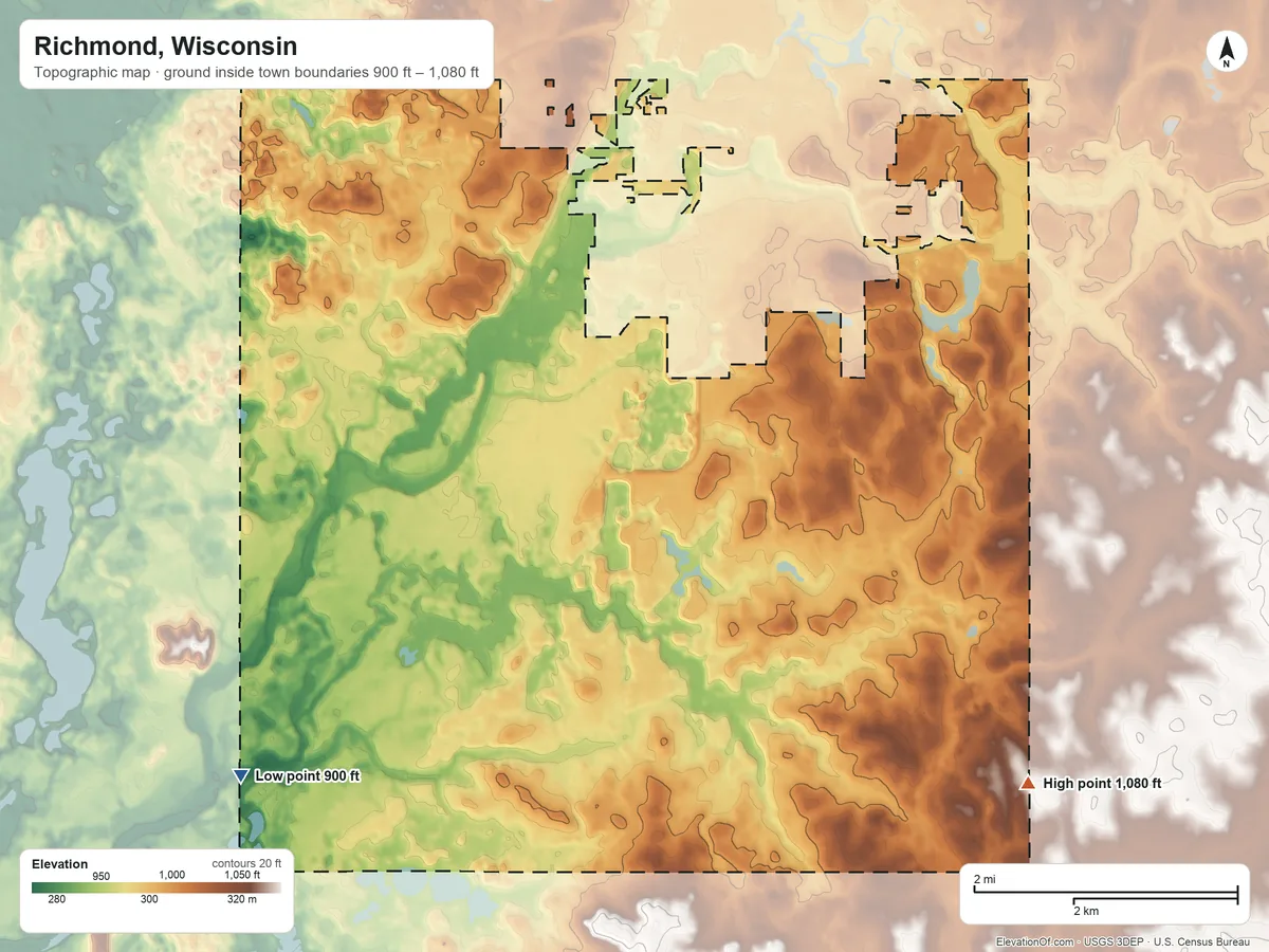 Topographic elevation map of Richmond, Wisconsin, shaded from 900 ft on the southwest side to 1,080 ft on the southeast side