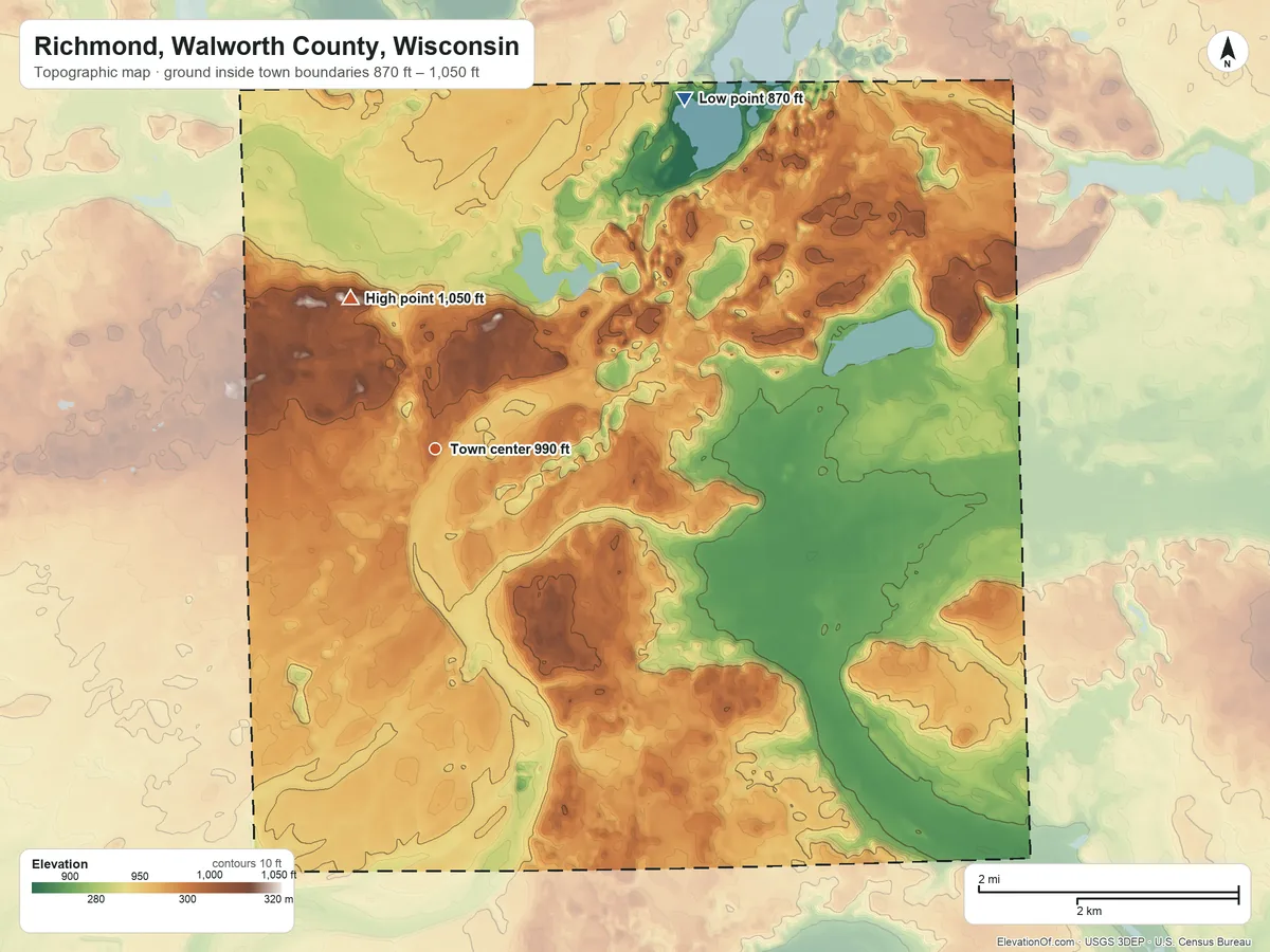 Topographic elevation map of Richmond, Walworth County, Wisconsin, shaded from 870 ft on the northeast side to 1,050 ft on the northwest side