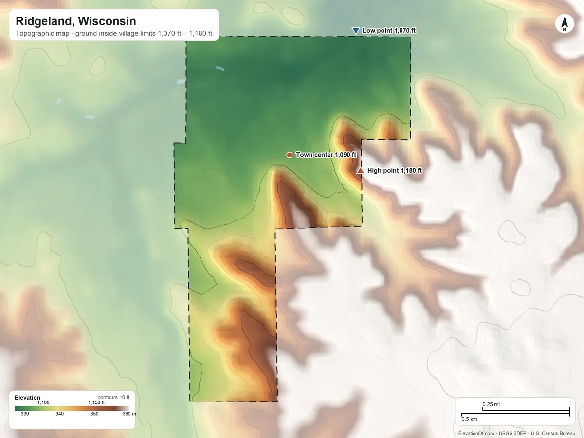 Topographic elevation map of Ridgeland, Wisconsin, shaded from 1,070 ft on the northeast side to 1,180 ft on the east side