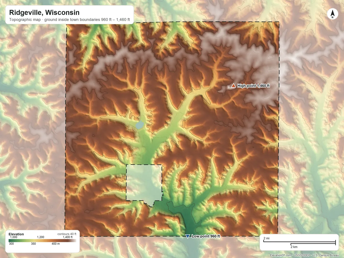 Topographic elevation map of Ridgeville, Wisconsin, shaded from 960 ft on the south side to 1,460 ft on the northeast side