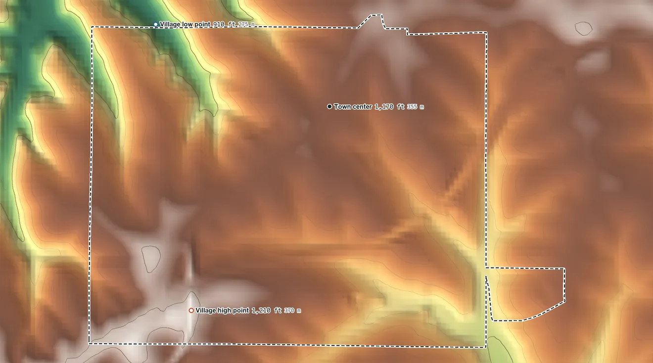 Topographic elevation map of Ridgeway, Wisconsin, shaded from 910 ft on the northwest side to 1,210 ft on the southwest side
