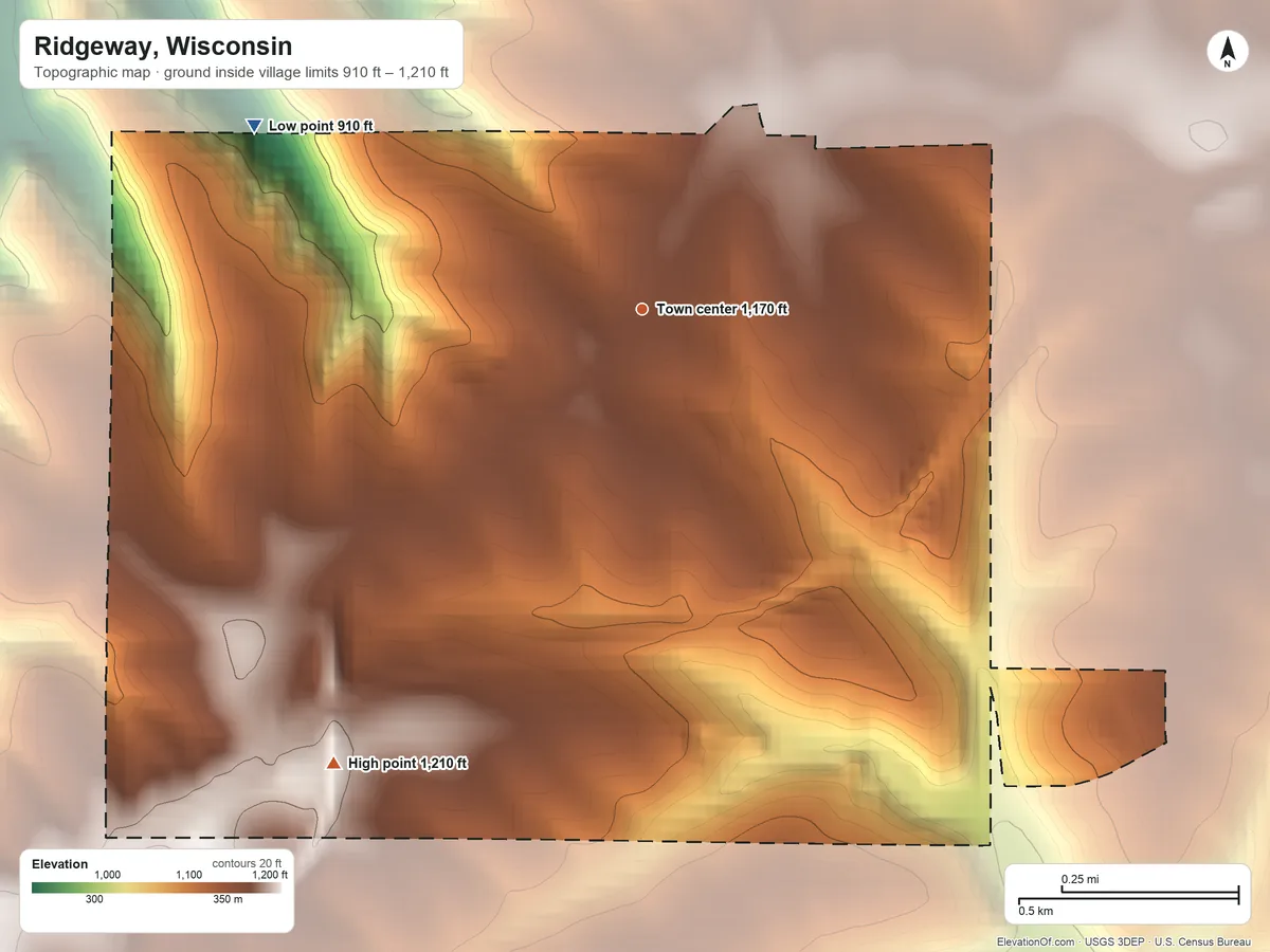 Topographic elevation map of Ridgeway, Wisconsin, shaded from 910 ft on the northwest side to 1,210 ft on the southwest side