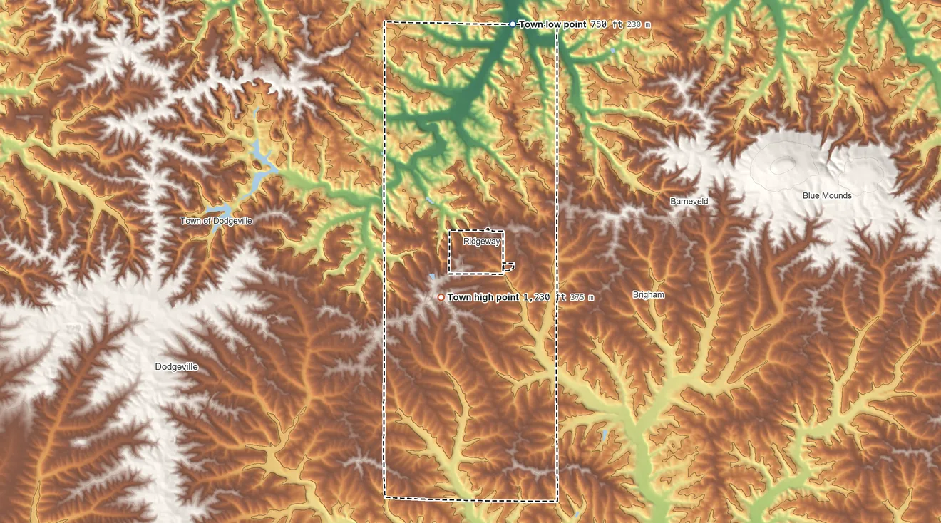 Topographic elevation map of Town of Ridgeway, Wisconsin, shaded from 750 ft on the north side to 1,230 ft on the southwest side