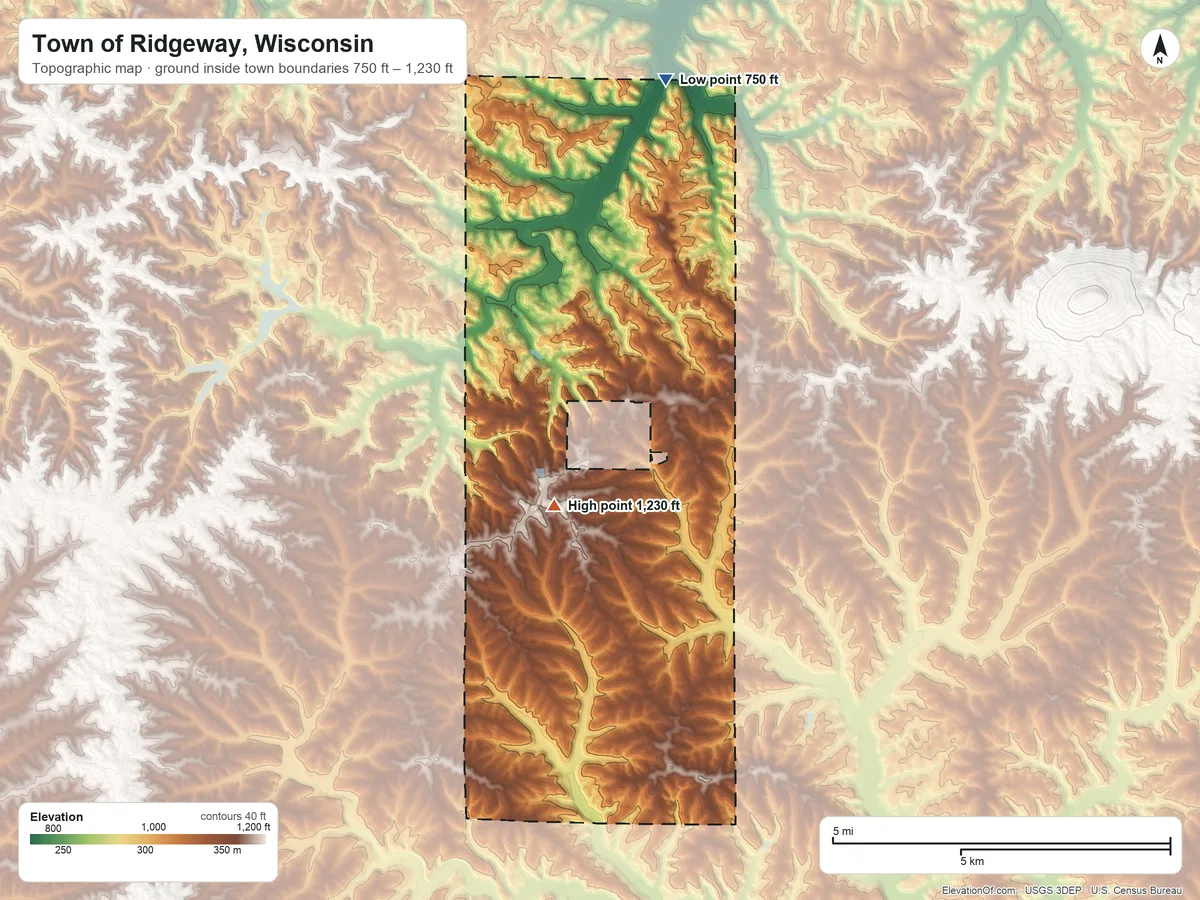 Topographic elevation map of Town of Ridgeway, Wisconsin, shaded from 750 ft on the north side to 1,230 ft on the southwest side