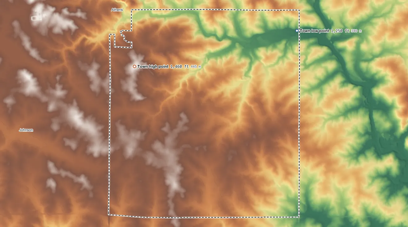 Topographic elevation map of Rietbrock, Wisconsin, shaded from 1,250 ft on the northeast side to 1,460 ft on the northwest side