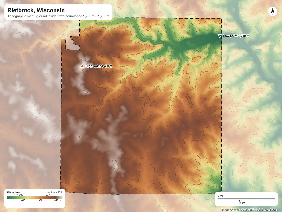 Topographic elevation map of Rietbrock, Wisconsin, shaded from 1,250 ft on the northeast side to 1,460 ft on the northwest side