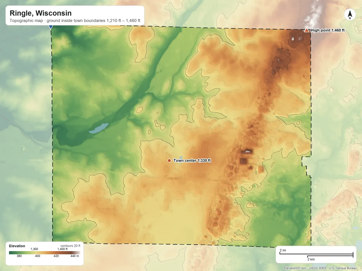 Topographic elevation map of Ringle, Wisconsin, shaded from 1,210 ft on the northwest side to 1,460 ft on the northeast side