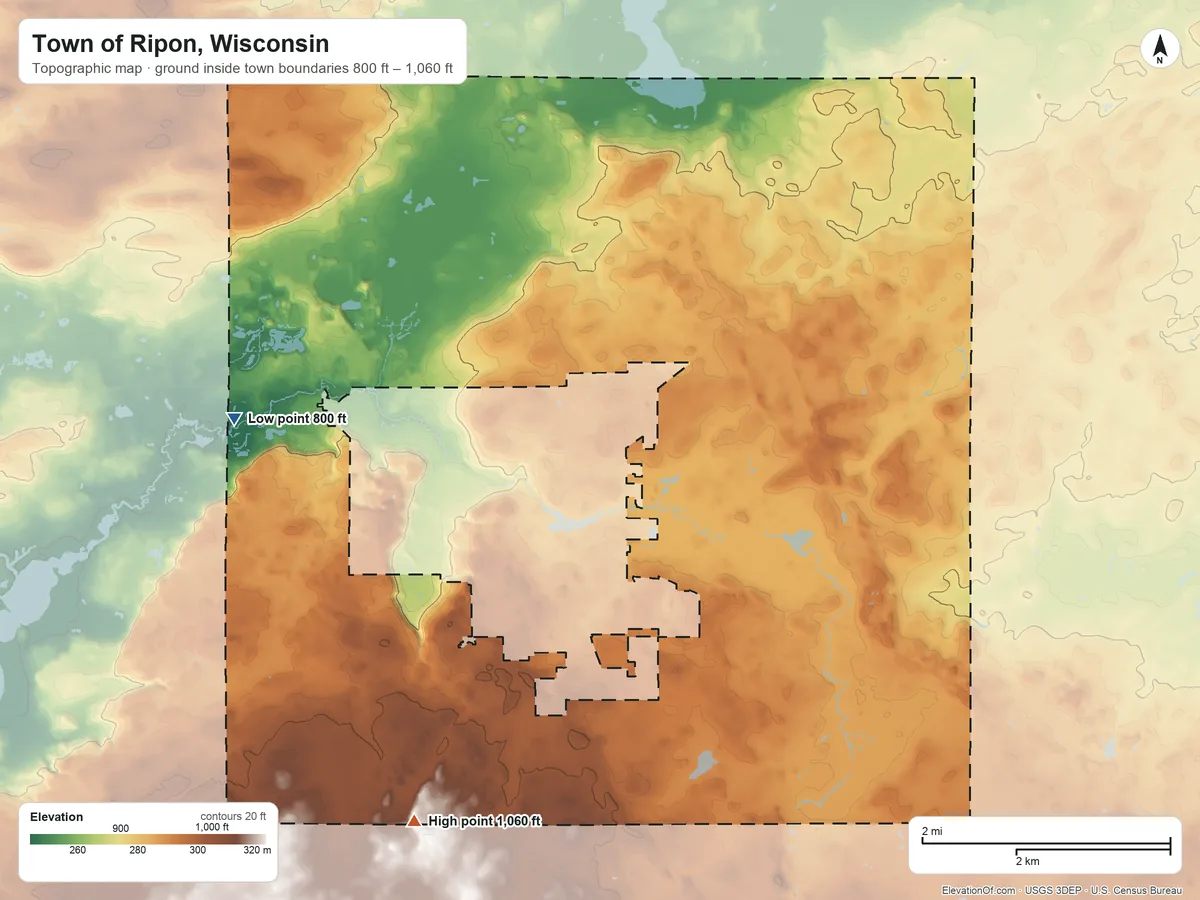 Topographic elevation map of Town of Ripon, Wisconsin, shaded from 800 ft on the west side to 1,060 ft on the southwest side