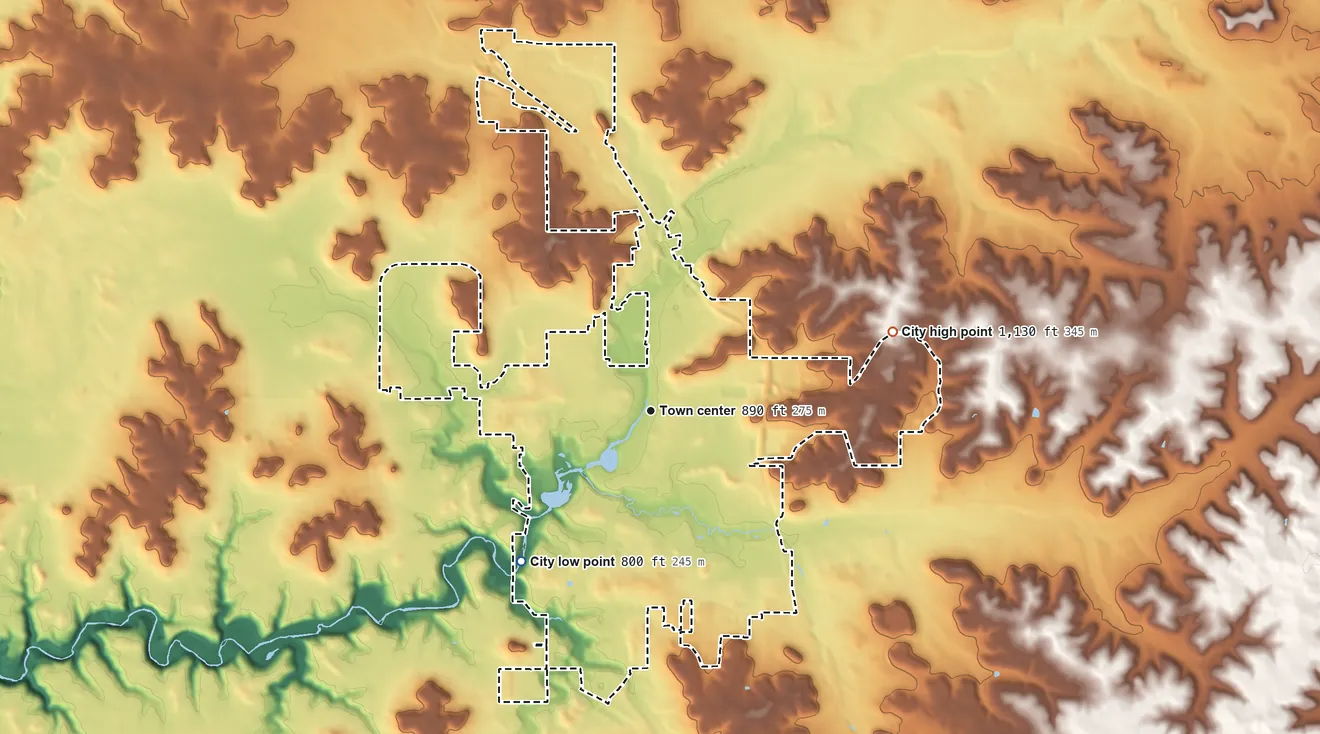 Topographic elevation map of River Falls, Wisconsin, shaded from 800 ft on the southwest side to 1,130 ft on the east side