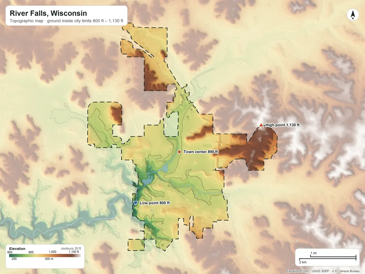 Topographic elevation map of River Falls, Wisconsin, shaded from 800 ft on the southwest side to 1,130 ft on the east side