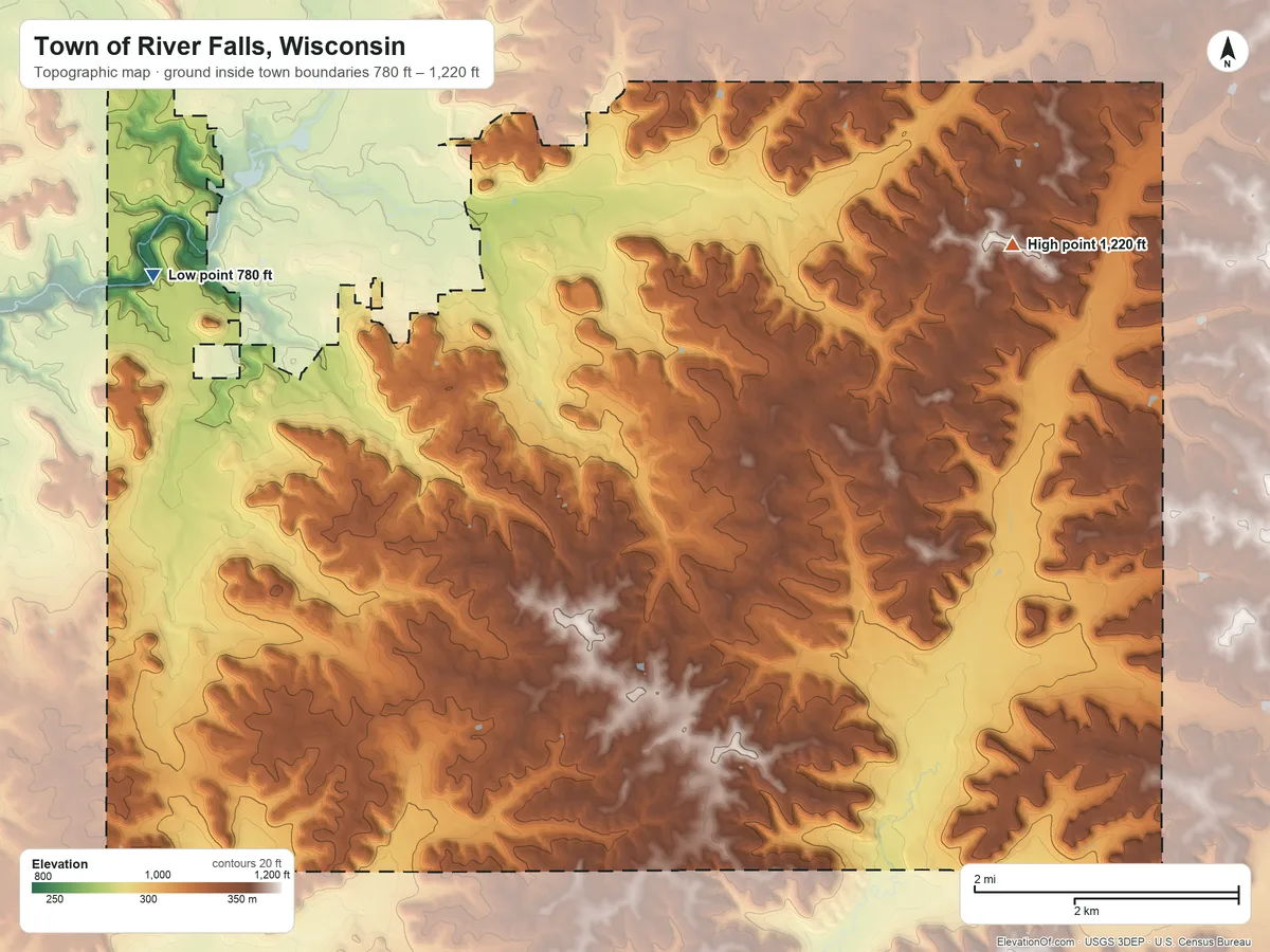 Topographic elevation map of Town of River Falls, Wisconsin, shaded from 780 ft on the west side to 1,220 ft on the east side