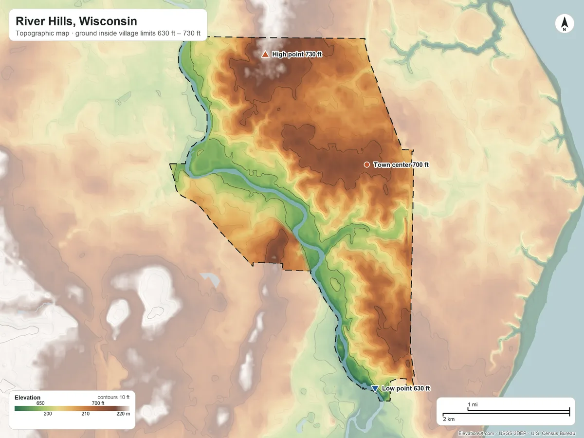 Topographic elevation map of River Hills, Wisconsin, shaded from 630 ft on the south side to 730 ft on the northwest side