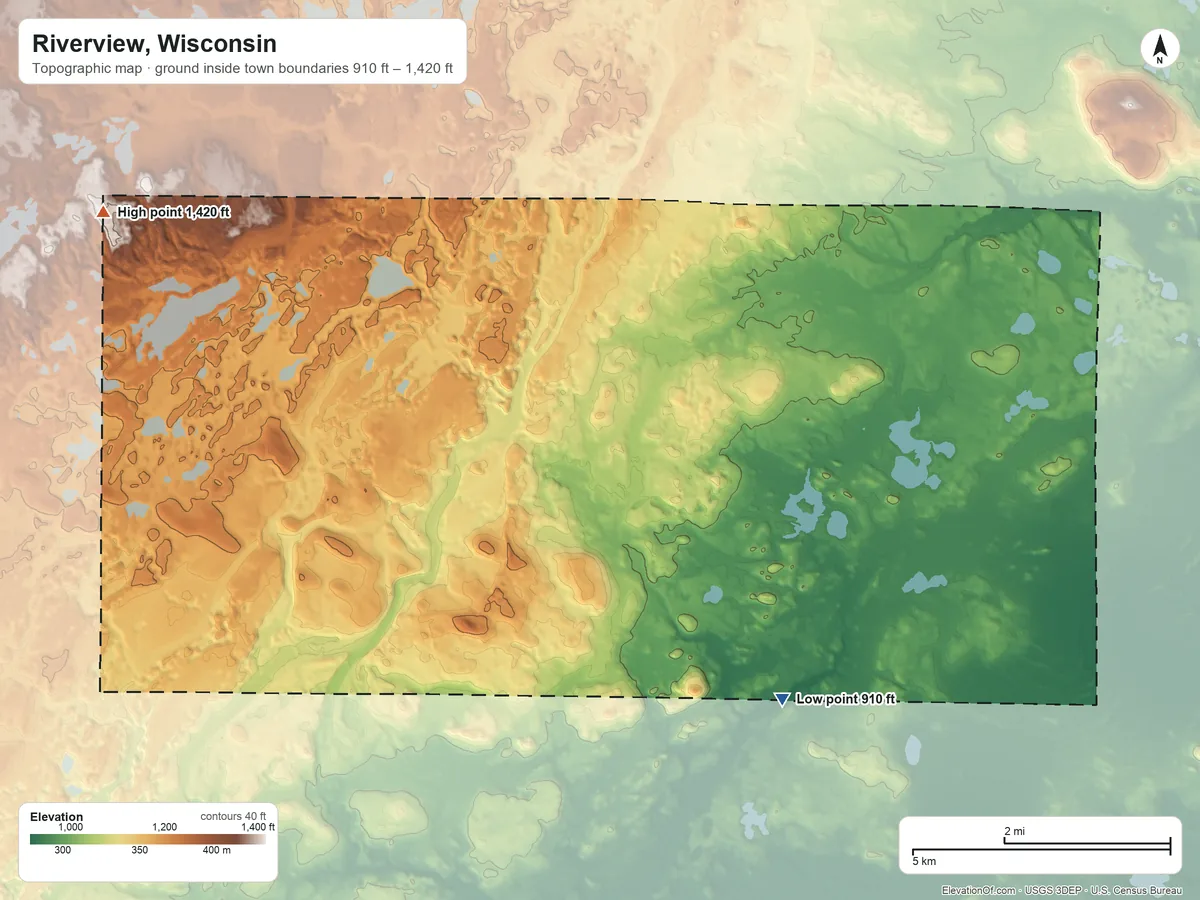 Topographic elevation map of Riverview, Wisconsin, shaded from 910 ft on the southeast side to 1,420 ft on the northwest side
