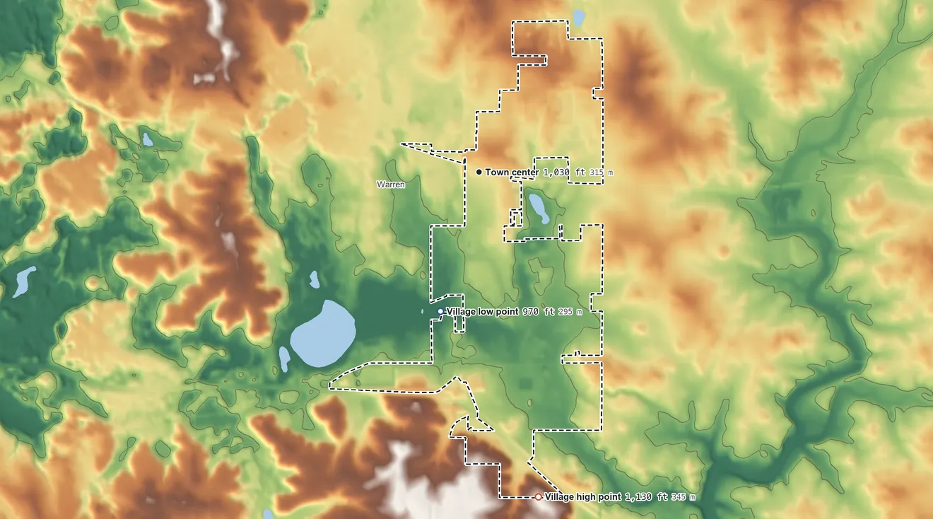 Topographic elevation map of Roberts, Wisconsin, shaded from 970 ft on the south side to 1,130 ft on the south side