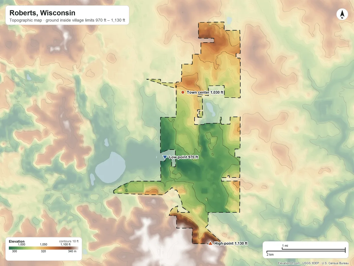 Topographic elevation map of Roberts, Wisconsin, shaded from 970 ft on the south side to 1,130 ft on the south side