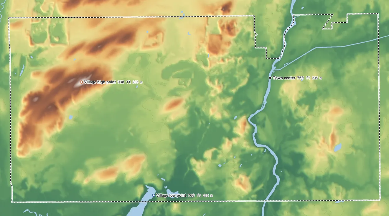 Topographic elevation map of Rochester, Wisconsin, shaded from 760 ft on the southwest side to 930 ft on the west side