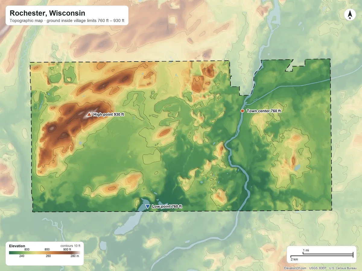 Topographic elevation map of Rochester, Wisconsin, shaded from 760 ft on the southwest side to 930 ft on the west side