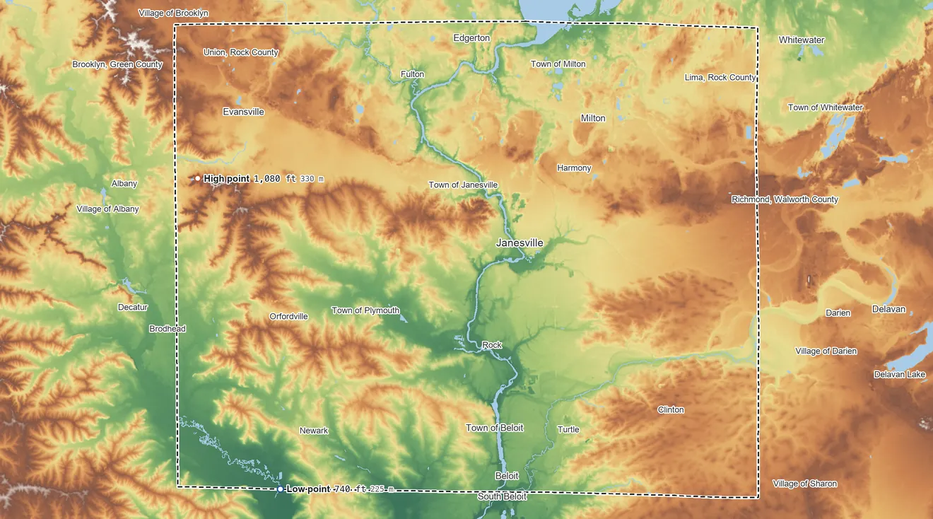 Topographic elevation map of Rock County, Wisconsin, shaded from 740 ft on the southwest side to 1,080 ft on the west side