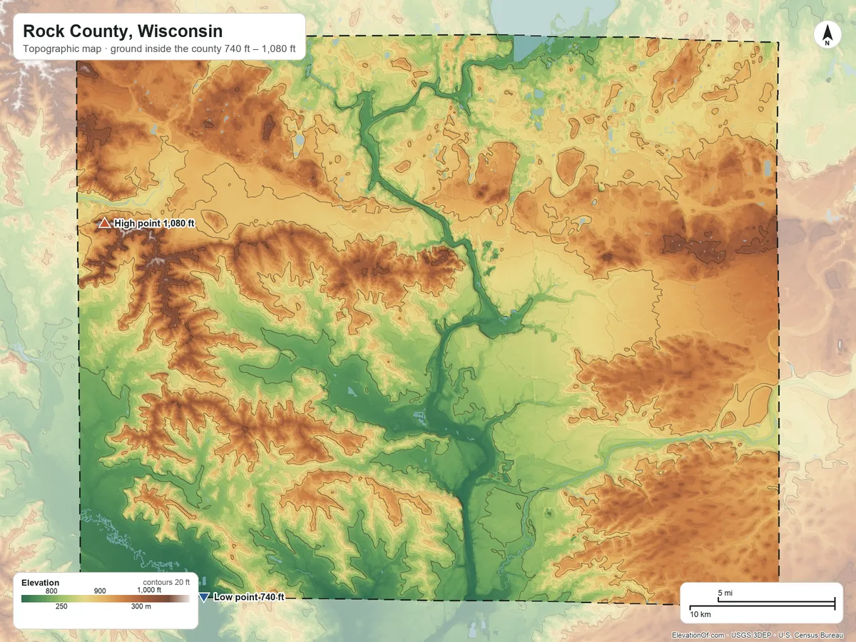 Topographic elevation map of Rock County, Wisconsin, shaded from 740 ft on the southwest side to 1,080 ft on the west side