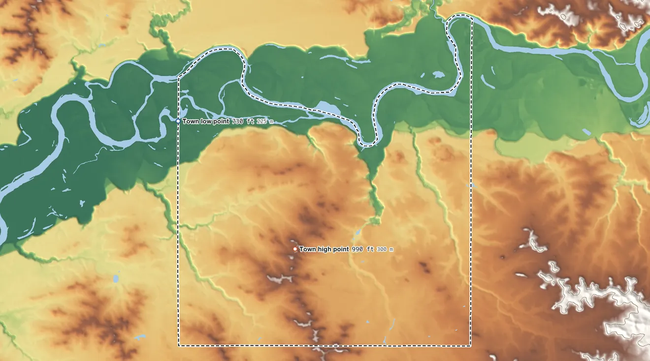 Topographic elevation map of Rock Creek, Wisconsin, shaded from 730 ft on the northwest side to 990 ft on the southwest side