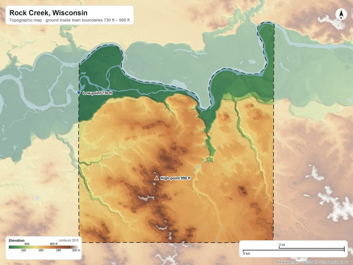 Topographic elevation map of Rock Creek, Wisconsin, shaded from 730 ft on the northwest side to 990 ft on the southwest side